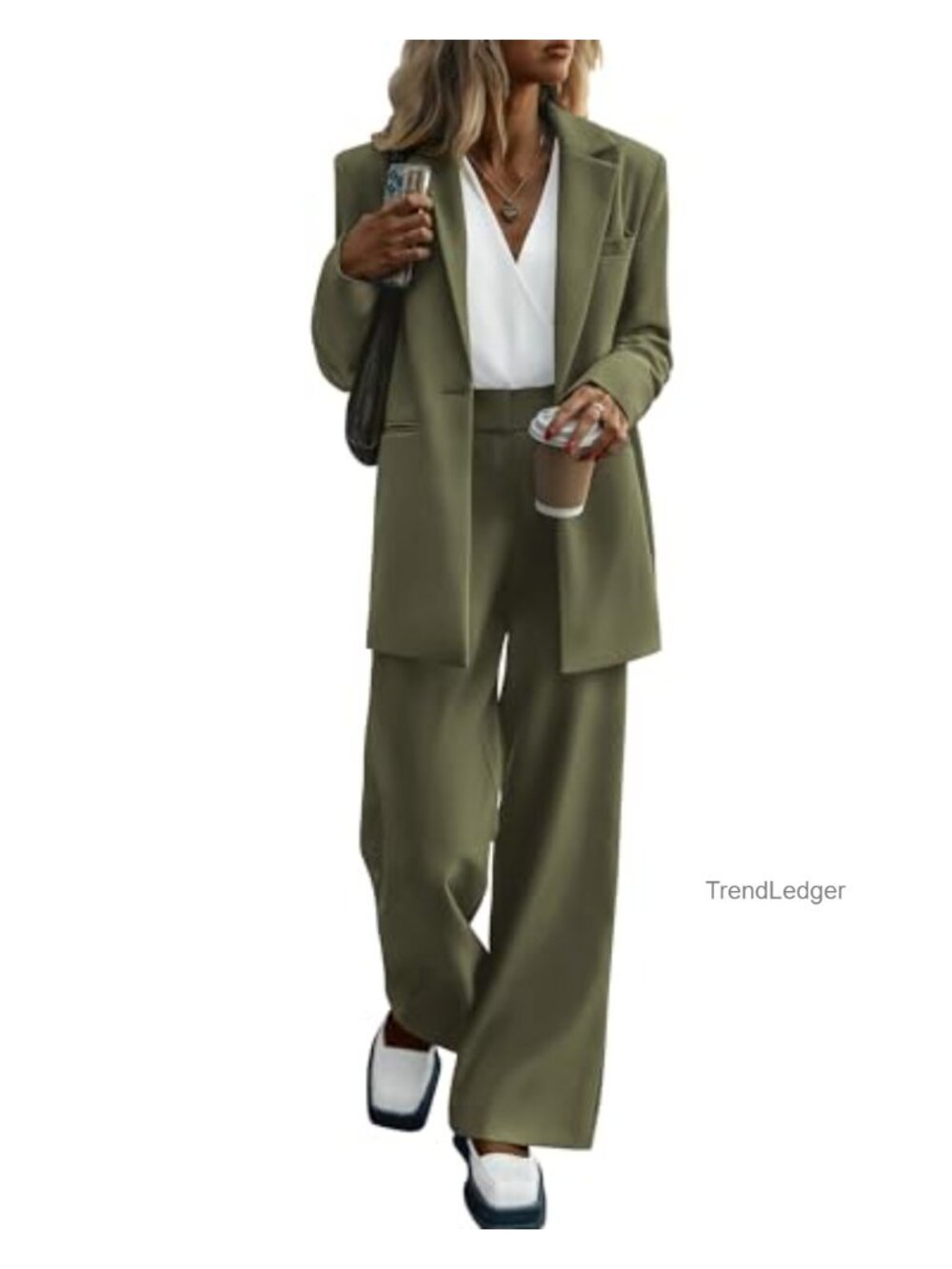 2 Piece Suit Set Business Pantsuit with Blazer and Wide Leg Pants